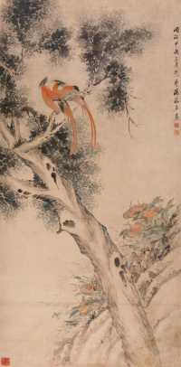 汤禄名 同治甲戌（1874年）作 花鸟 立轴
